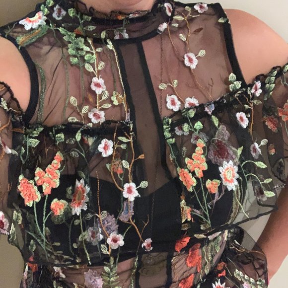 Whimsical Floral Sheer Mock-Neck Peplum - Picture 5 of 5